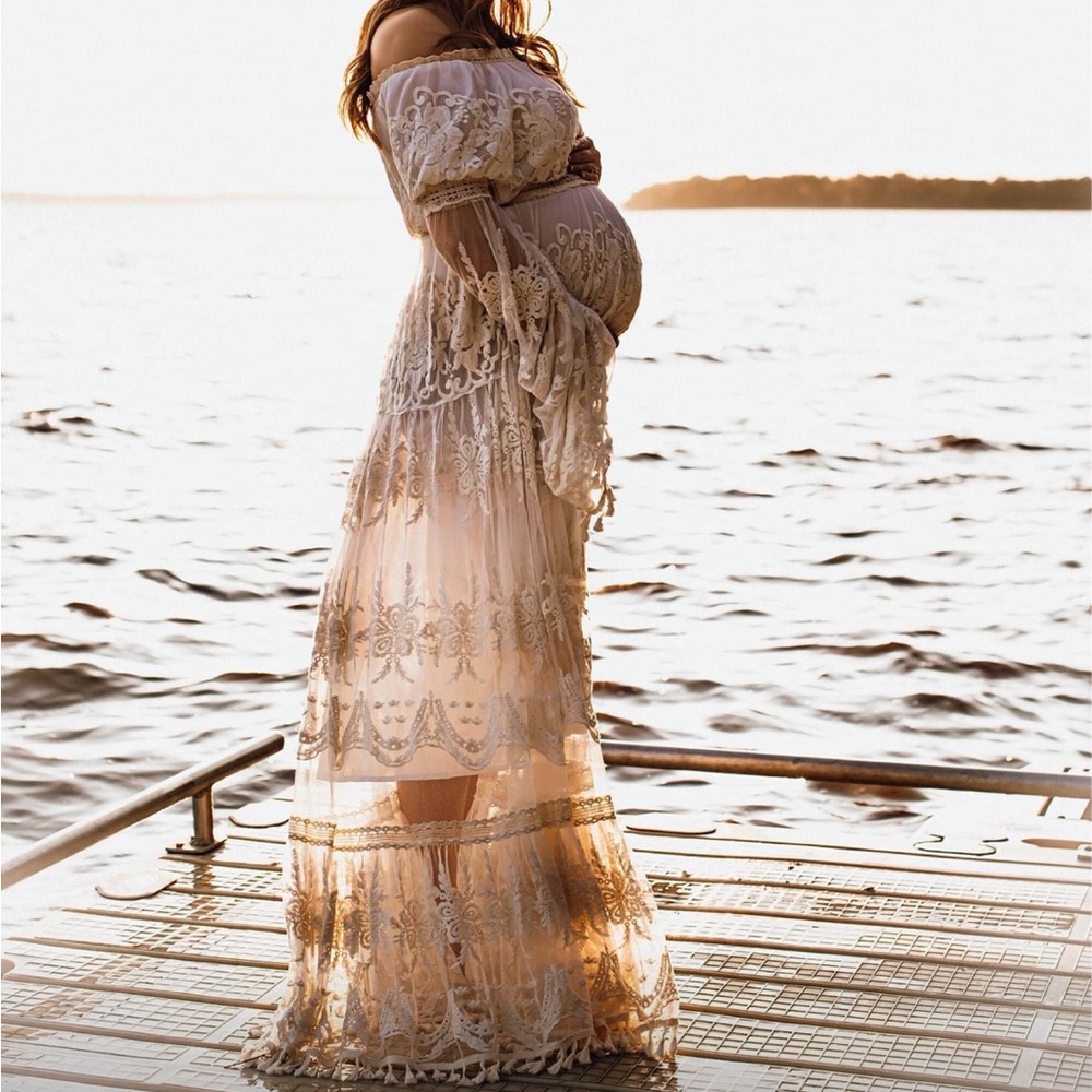 Embroidered Off-the-Shoulder Boho Maternity Dress